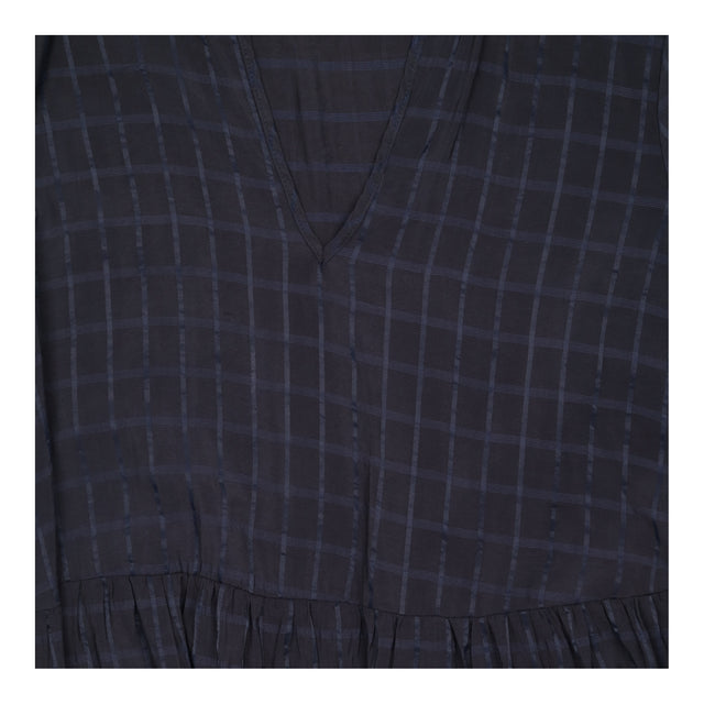 Navy Blue Shadow Check High Neck Frill V Split Tie