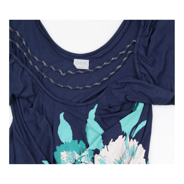 Top Navy Blue Floral Print Cap Sleeve Scoop Neck