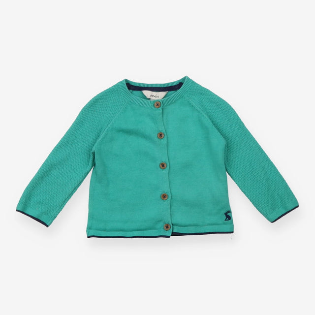 Green knit cardigan 'hooray' on back