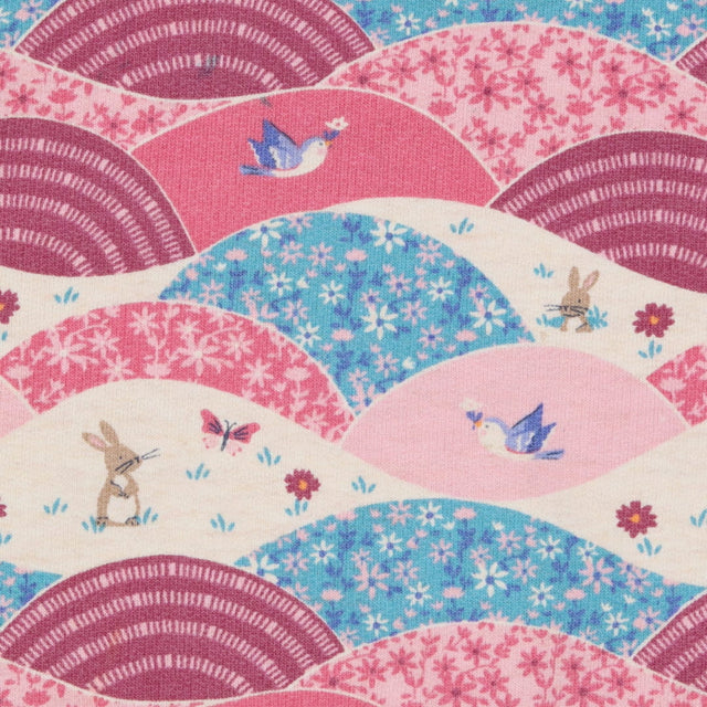 Sweater pink floral meadow with bunnies and birds