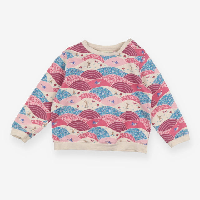 Sweater pink floral meadow with bunnies and birds