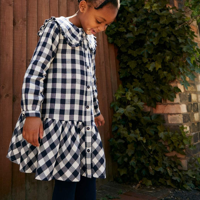 Navy Gingham Ruffle Hem Dress