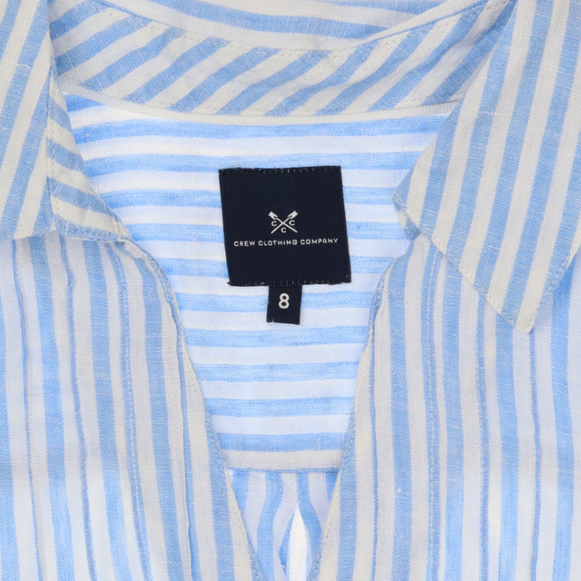 Blue Stripe 100% Linen Sleeveless Tie Waist Blouse