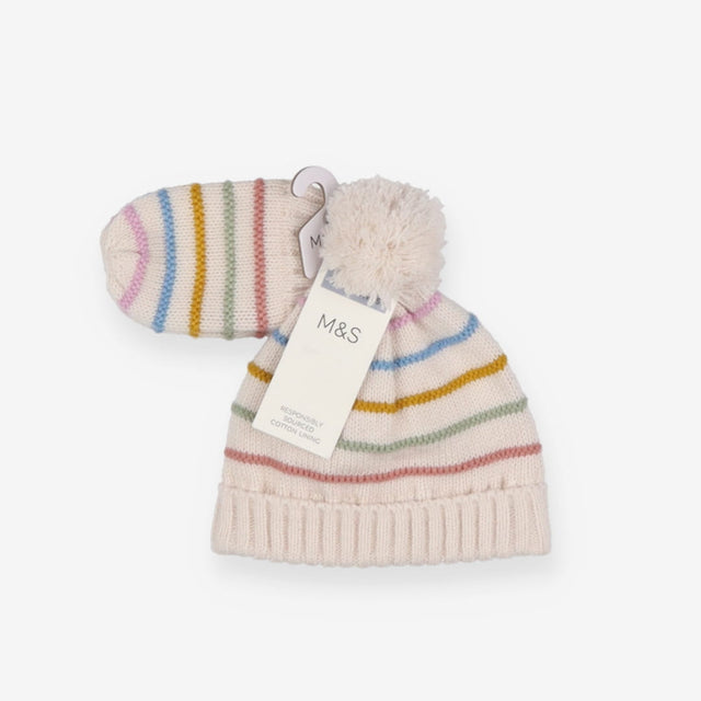Rainbow stripe bobble hat and gloves