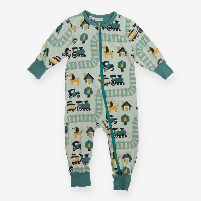 Sleepsuit zip green trains and dogs