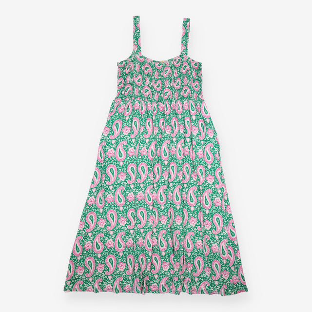 Maxi Dress Smocked Jersey Paisley Green Pink