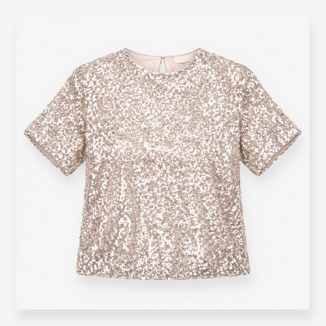Sequin Top in Champagne Silver with Short Sleeves