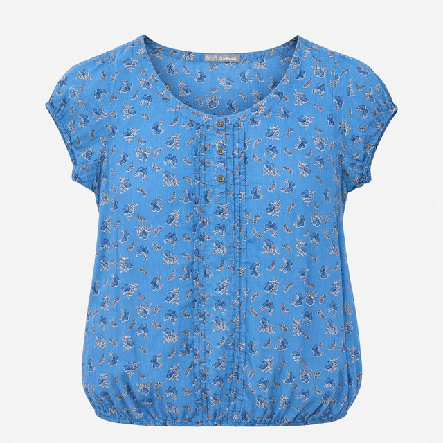 Blouse Blue Floral Pintuck Bubble