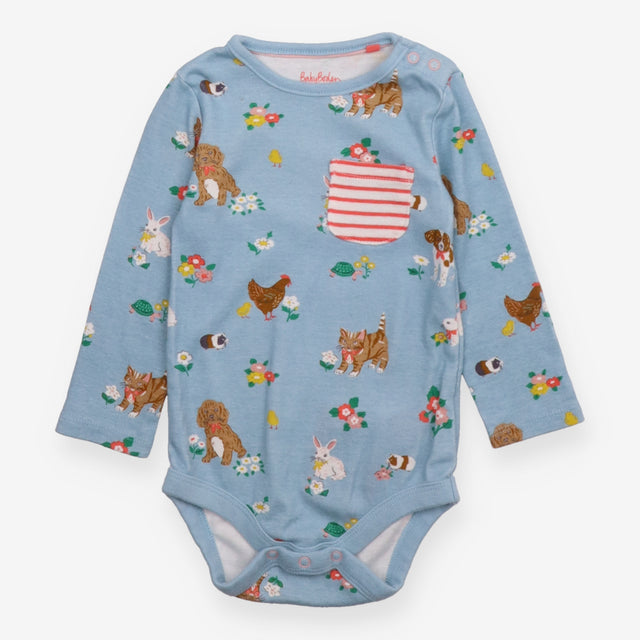 Bodysuit blue LS animals striped pocket