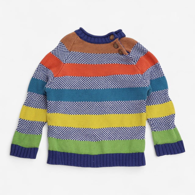 Knit sweater blue with multi striped, button shoul