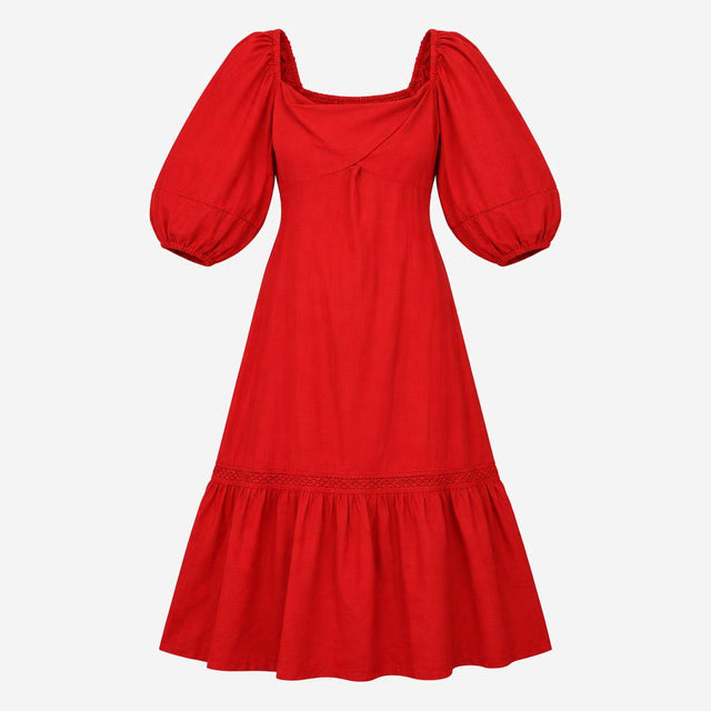 Dress Square Neck Puff Sleeve Midi Red