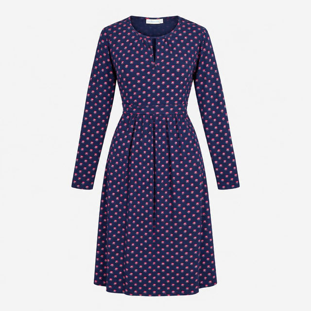 Dress Navy Blue Floral Print Long Sleeve Midi V-Ne