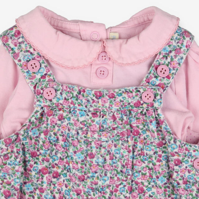 Cord ditsy dungarees with pink collared bodysuit