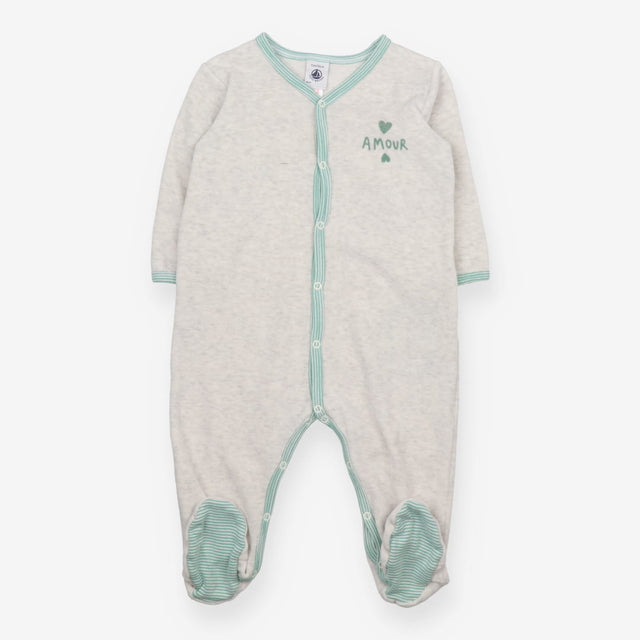 Velour Sleepsuit Grey written ''AMOUR'' in Green