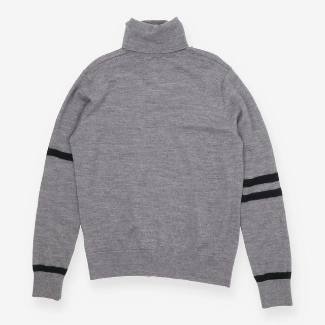 Grey Fine-Knit Turtleneck Sweater with Varsity Str