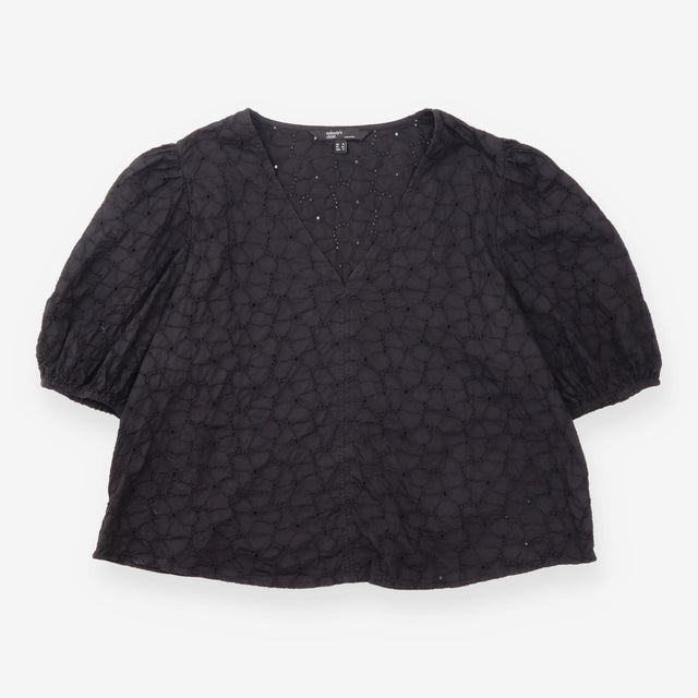 Broderie Anglaise V Neck Puff Sleeve Top Black