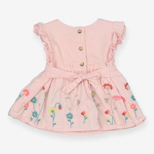 Dress pink frill sleeves embroidery flowers