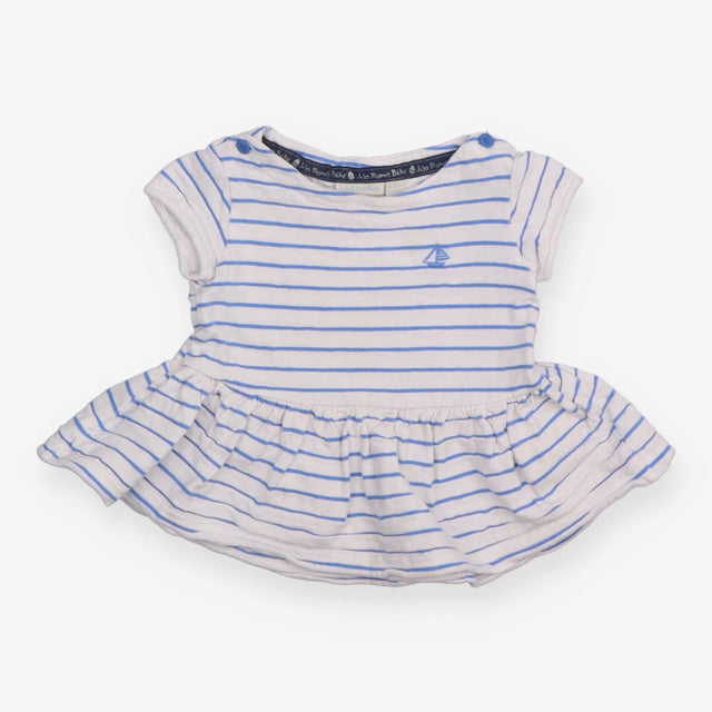 White Dress with Blue Stripes and Boat