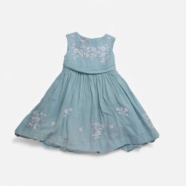 Dress blue embroidered flowers tie belt