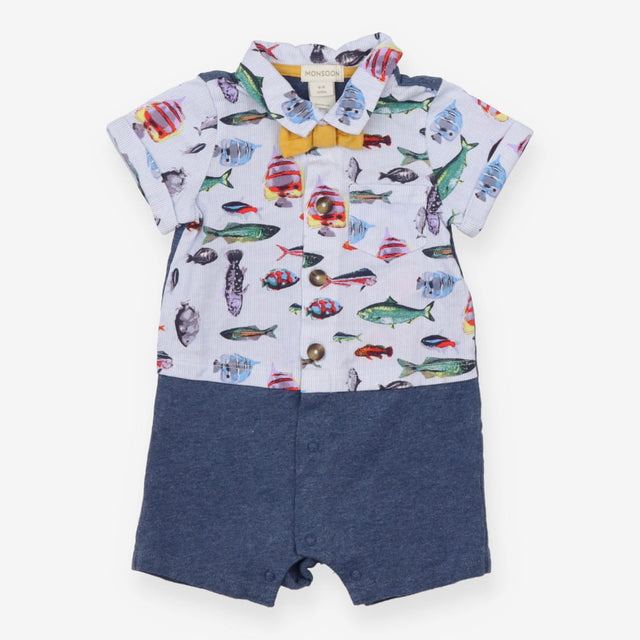 Romper Shirt Blue Fish with Yellow Bow Tie