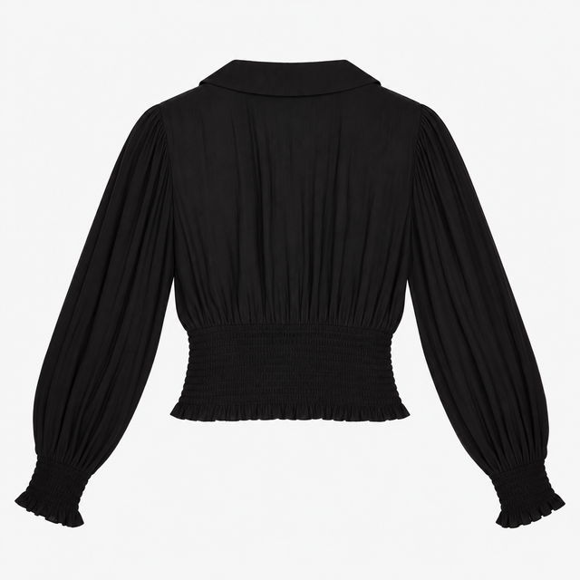 Blouse Black Button Front Shirred Waist Long Sleev