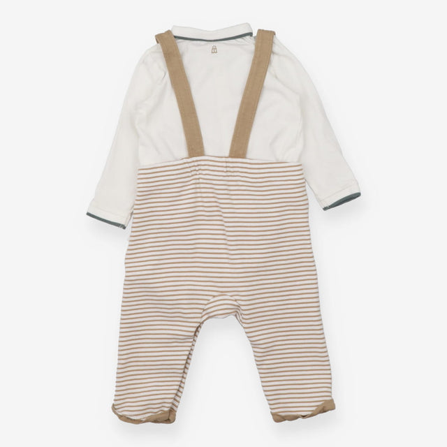 Beige dungarees with green turtle and bodysuit