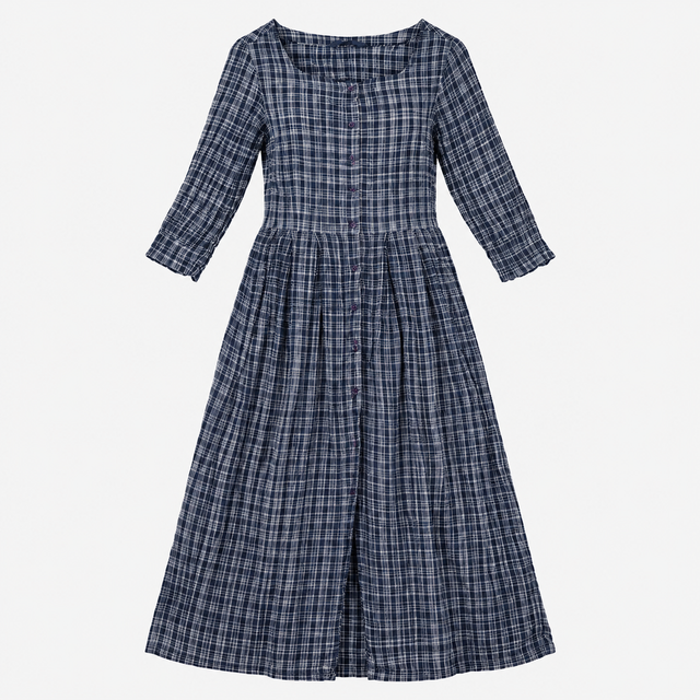 Dress Midi Checked Button Front Navy