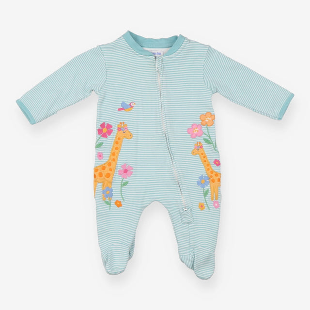 Sleepsuit green and white stripe with pretty giraf
