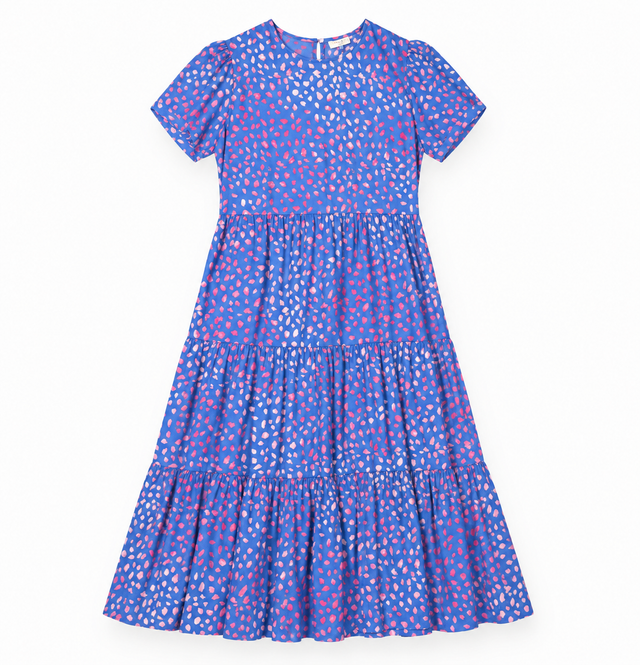 Maxi Dress Teal Pink Abstract Print Tiered Short S