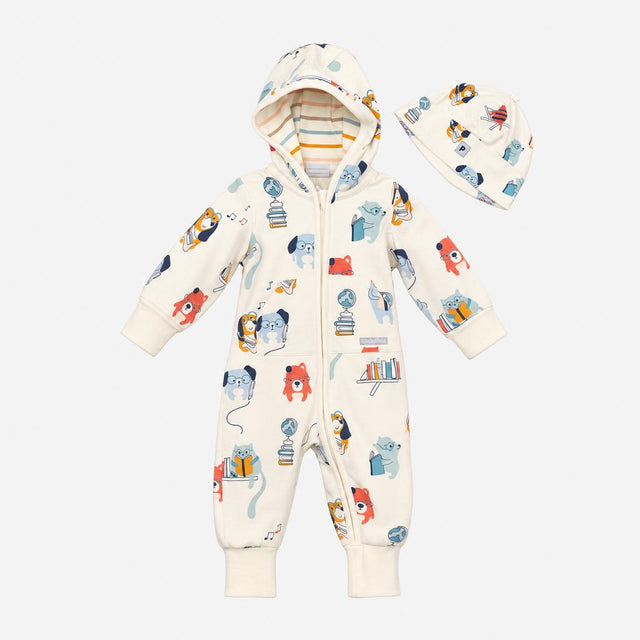 Hooded Zip Sleepsuit White Dogs and baby hat