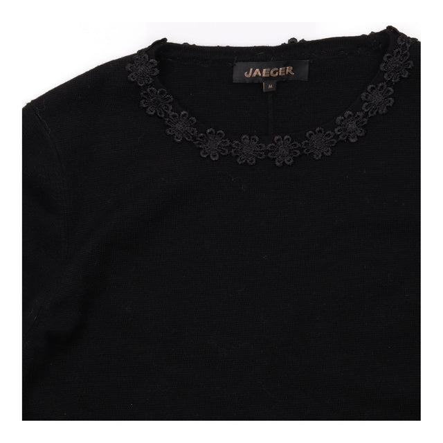 Black Pure Wool Floral Lace Neck Long Sleeve Knitt