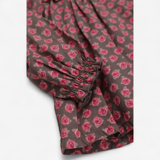 Blouse Woven Brown with Pink Roses and Buttons