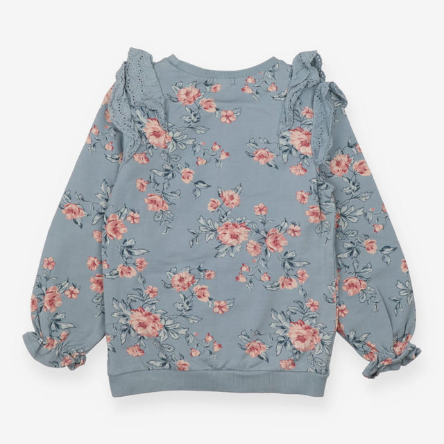 Sweater Frill Shoulders Blue with Pink Roses
