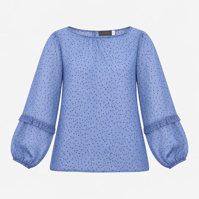 Blouse Blue Navy Spot Print Ruffle Detail Balloon