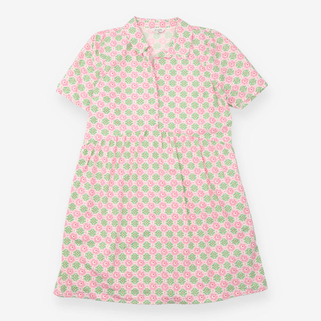 Pink Green Geometric Print Short Sleeve Shirt Dres