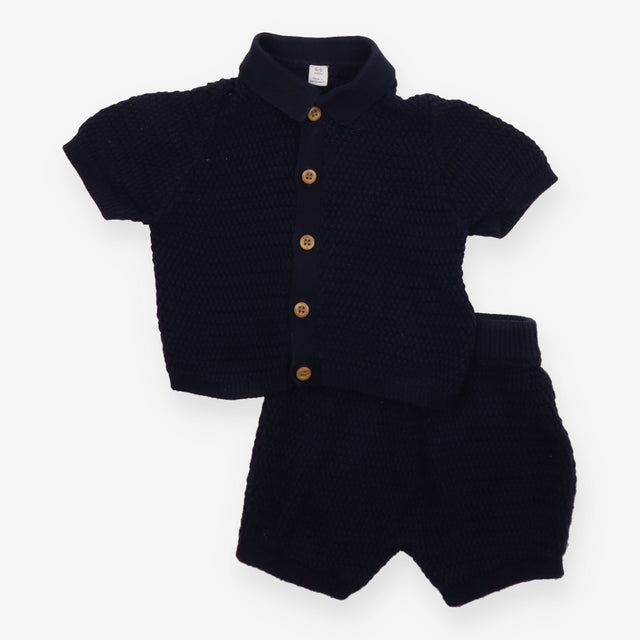 Outfit knit collar cardigan and shorts navy blue