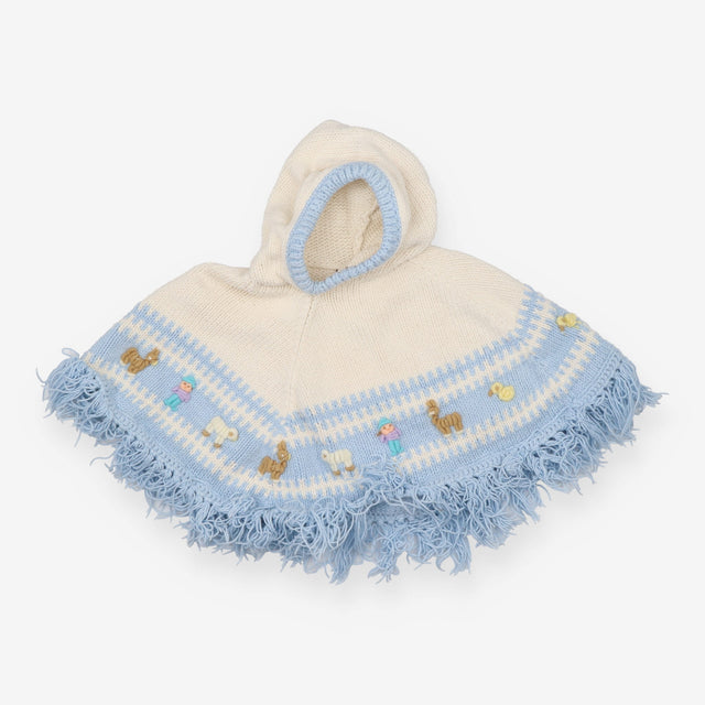 Poncho Knit Hooded White and Blue Animal Appliques