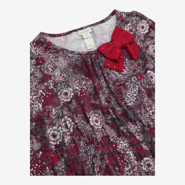 Dress jersey Long Floral Sleeve Grey and red bow