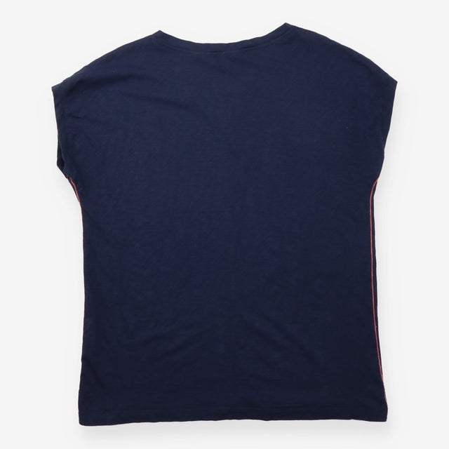 Top Navy Cotton Slub Notch Neck Short Sleeve