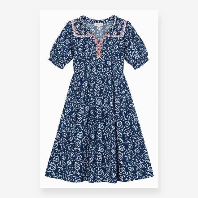 Batik Print Embroidered Tiered Midi Dress