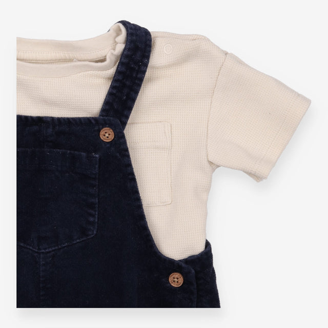 Navy Dungarees and Cream T-shirt Outfit