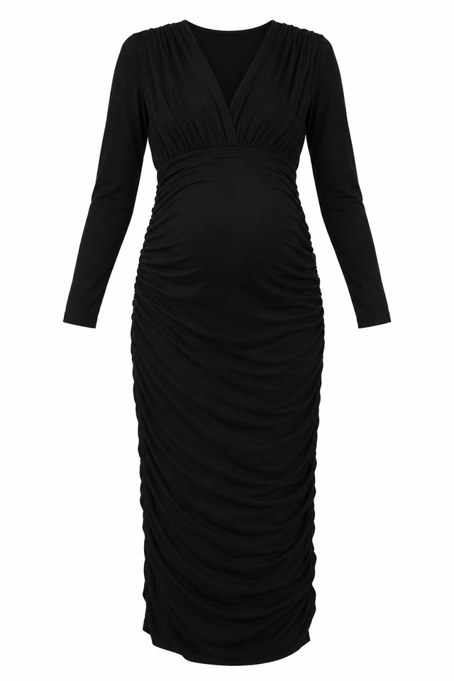 Dress Black Ruched V-Neck Long Sleeve Maternity