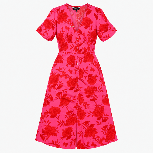 Dress Pink Red Floral V Neck Midi Tea
