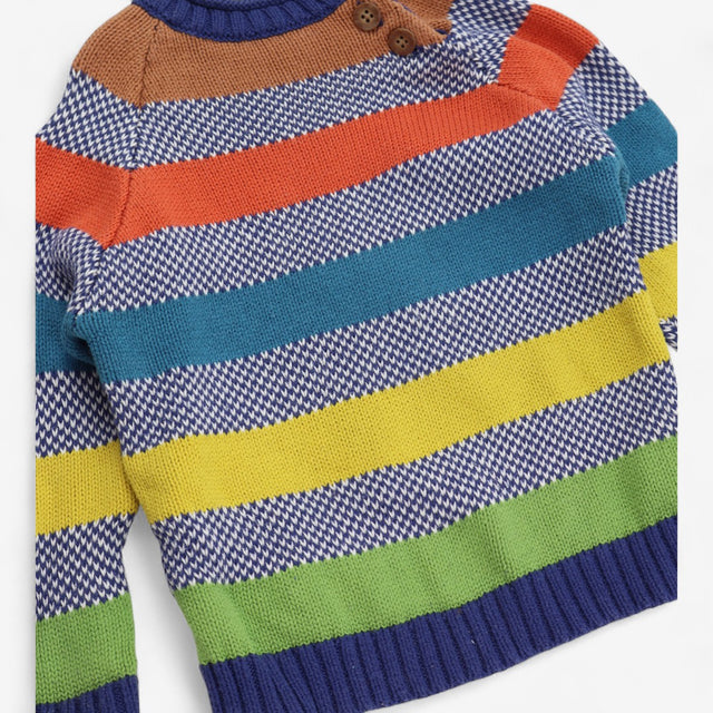 Knit sweater blue with multi striped, button shoul