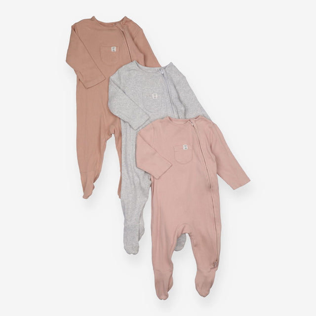 Sleepsuits Ribbed Pink and Grey 3-Pack