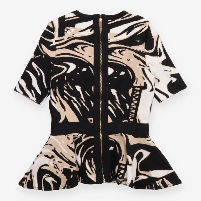Top Black Cream Beige Marble Print Peplum