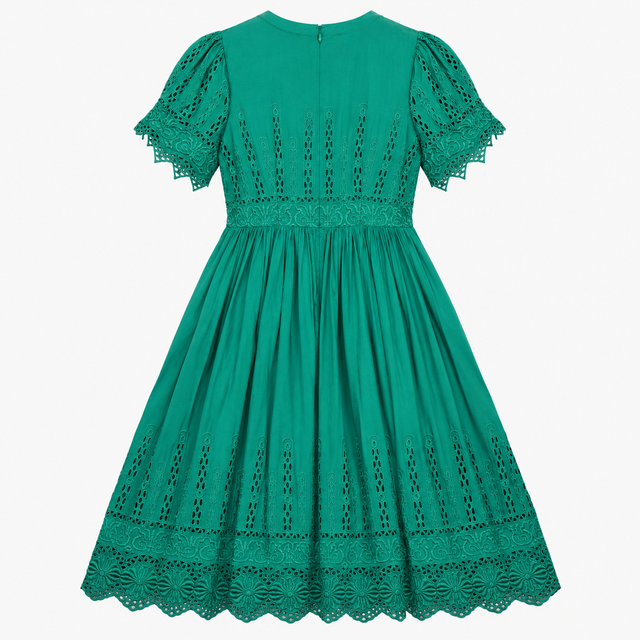 Midi Dress Emerald Green Embroidered Lace