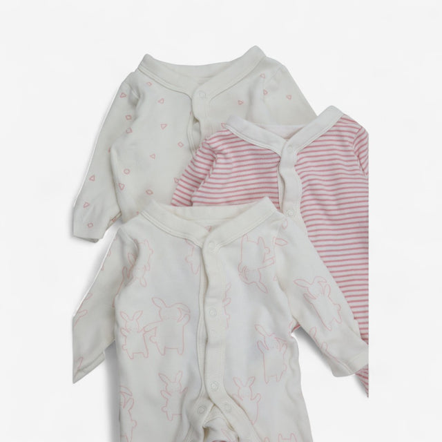 Sleepsuits Pink & White with Bunnies 3pcs