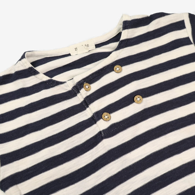 T-Shirt Navy Striped Brown Buttons