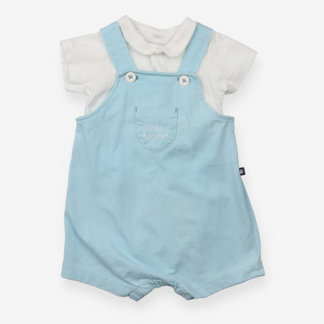 Outfit blue jersey dungarees white collar bodysuit